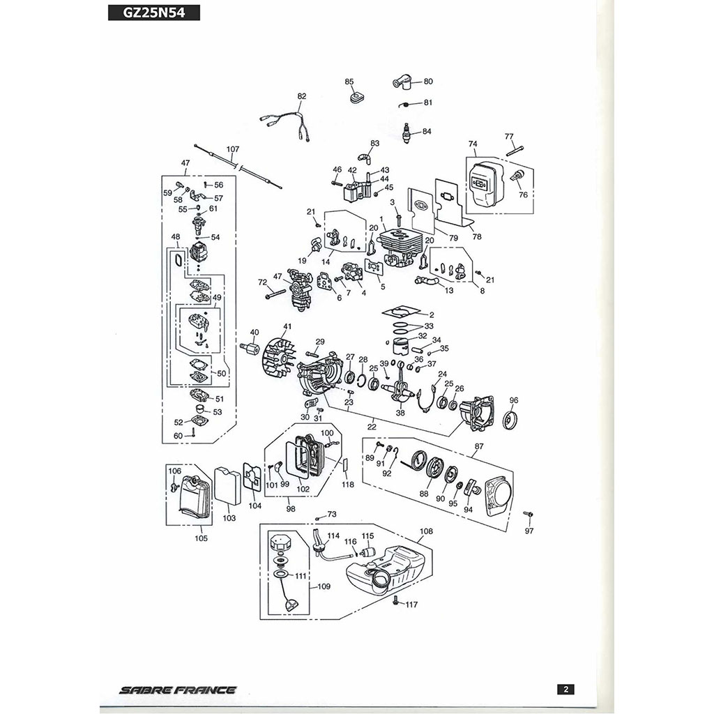 Cylindre piston / Vilebrequin / Carter moteur / Carburateur / Filtre à air / Embrayage / Lanceur / Réservoir / Allumage 	