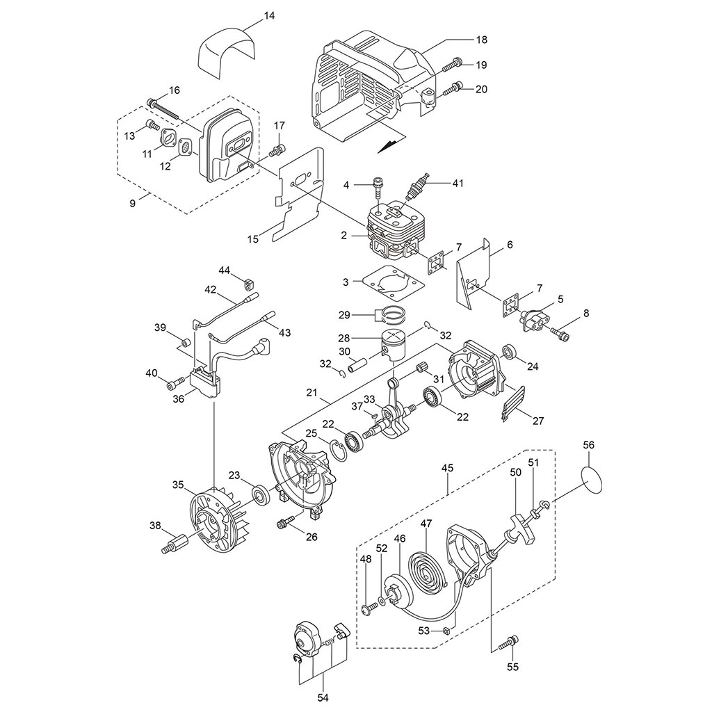 Cylindre piston / Vilebrequin / Carter moteur / Lanceur / Allumage 	