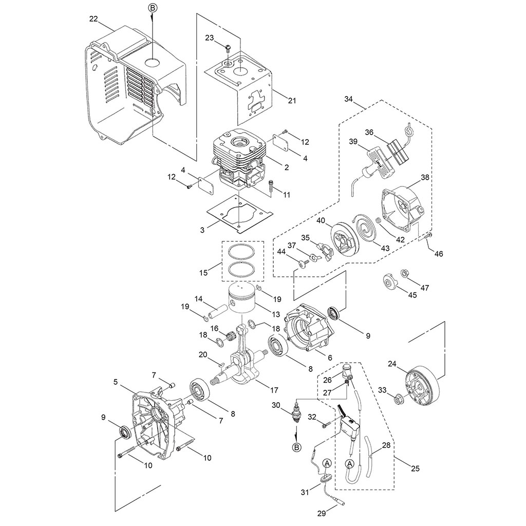 Cylindre piston / Vilebrequin / Carter moteur / Lanceur / Allumage 	