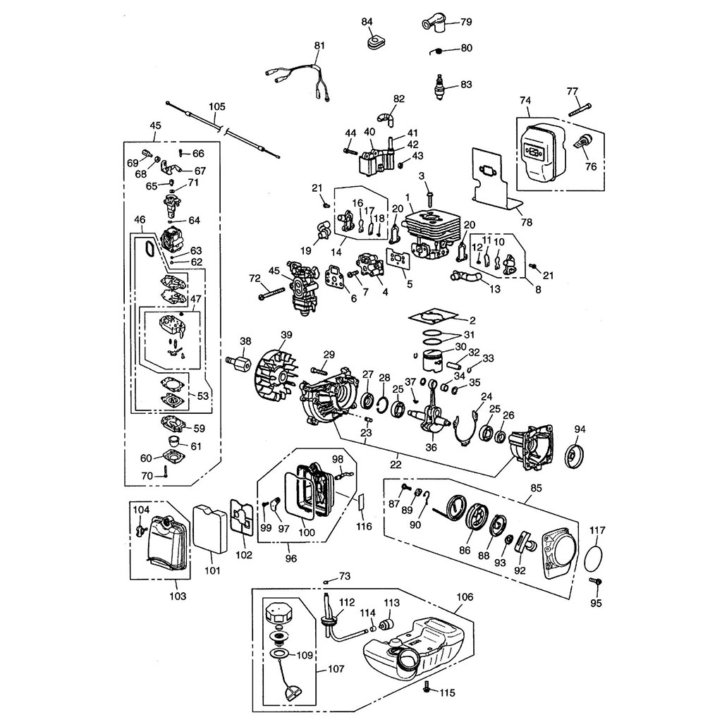 Cylindre piston / Vilebrequin / Carter moteur / Carburateur / Filtre à air / Embrayage / Lanceur / Réservoir / Allumage 	